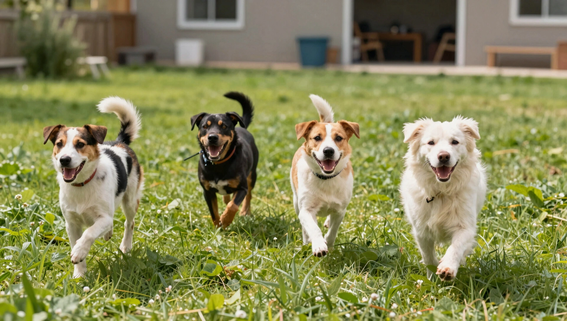 Happy dogs playing in a green yard
