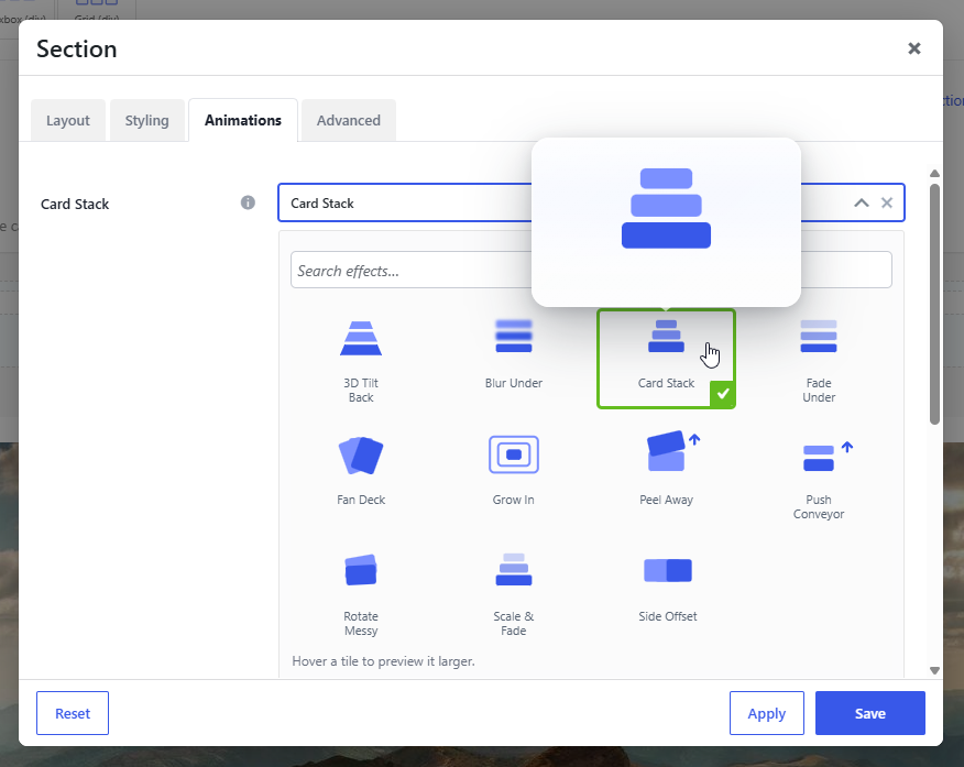 The Card Stack effect picker in the Section’s Animations tab