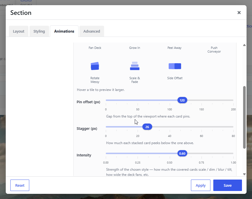 Pin offset, Stagger and Intensity sliders
